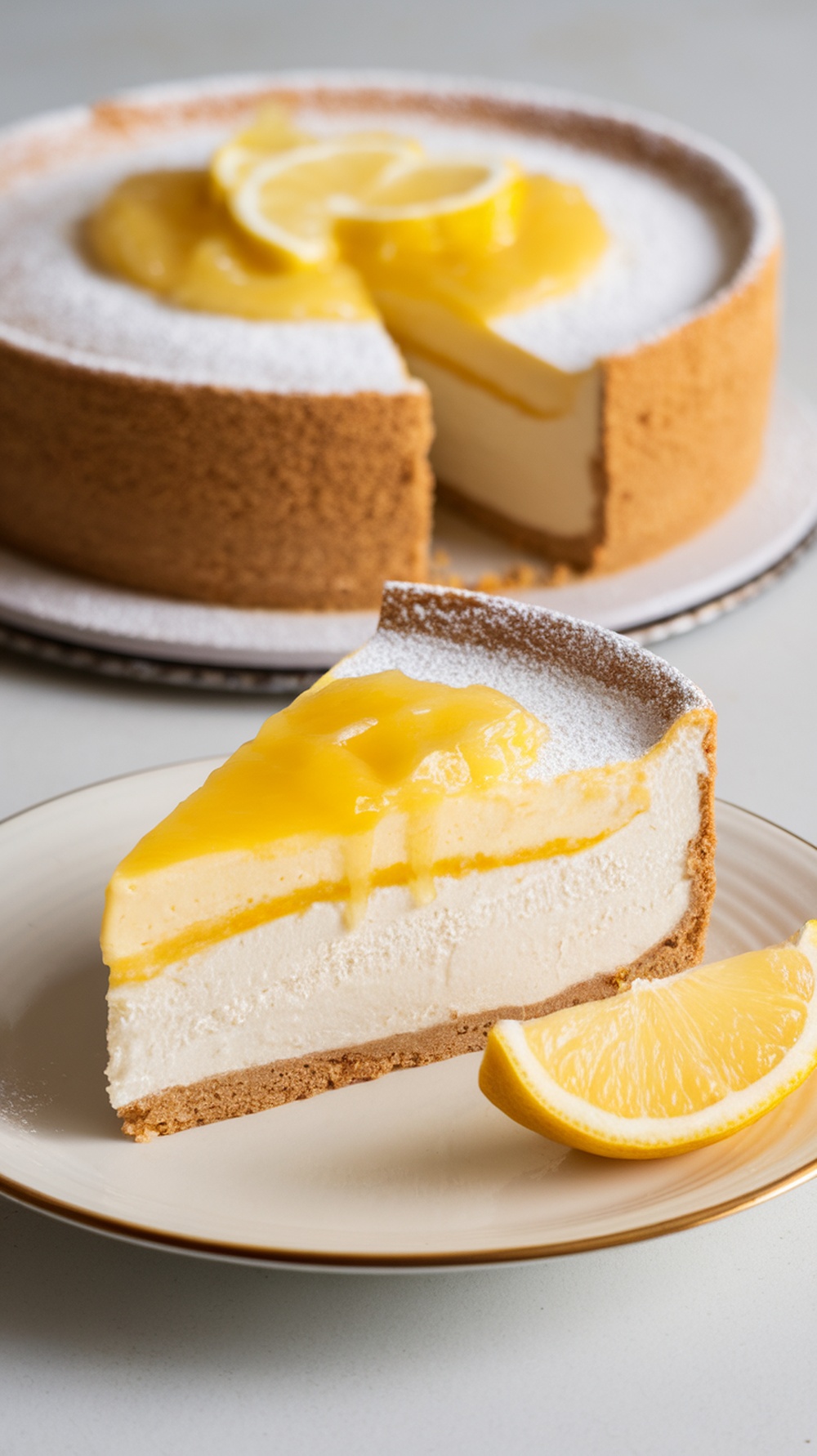 Slice of lemon vanilla cottage cheese cheesecake on a plate with lemon garnish.