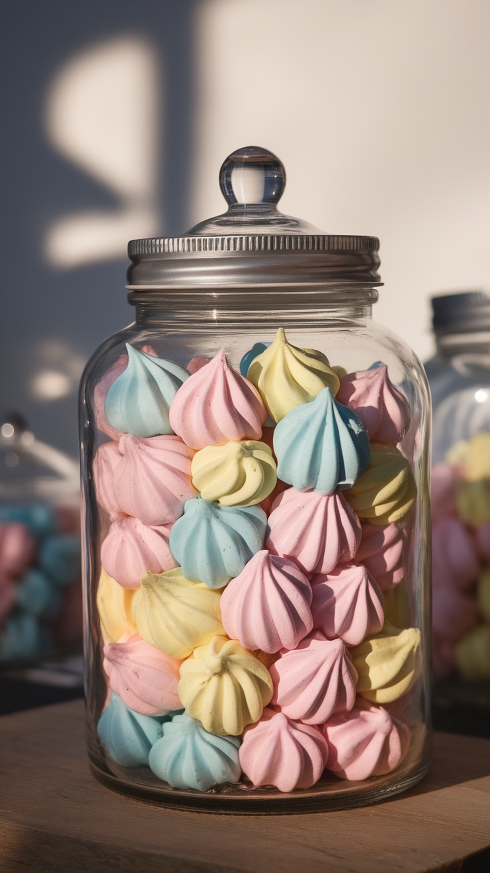 Pastel colored meringue kisses displayed in a jar.