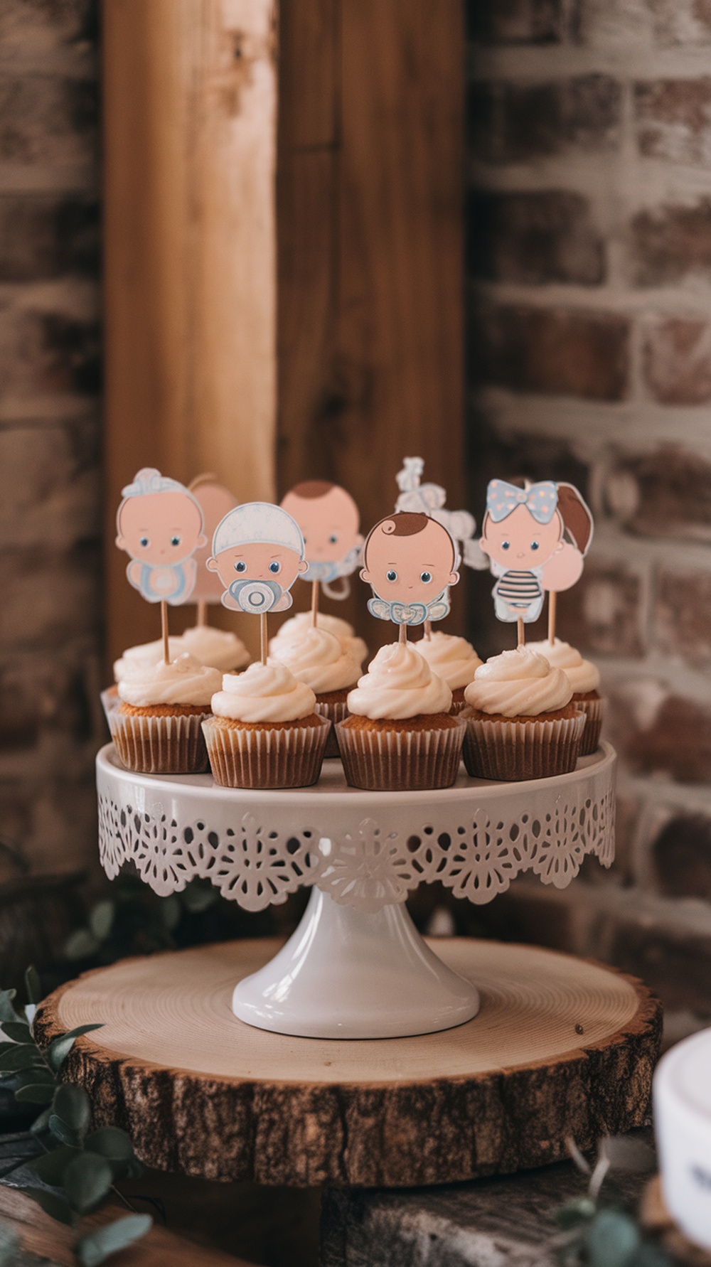 Mini cupcakes with baby-themed toppers on a decorative stand.