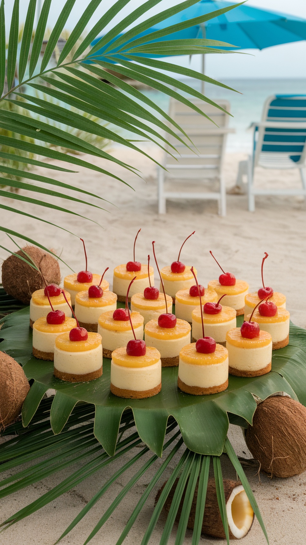 Mini pineapple upside-down cheesecakes on a tropical background