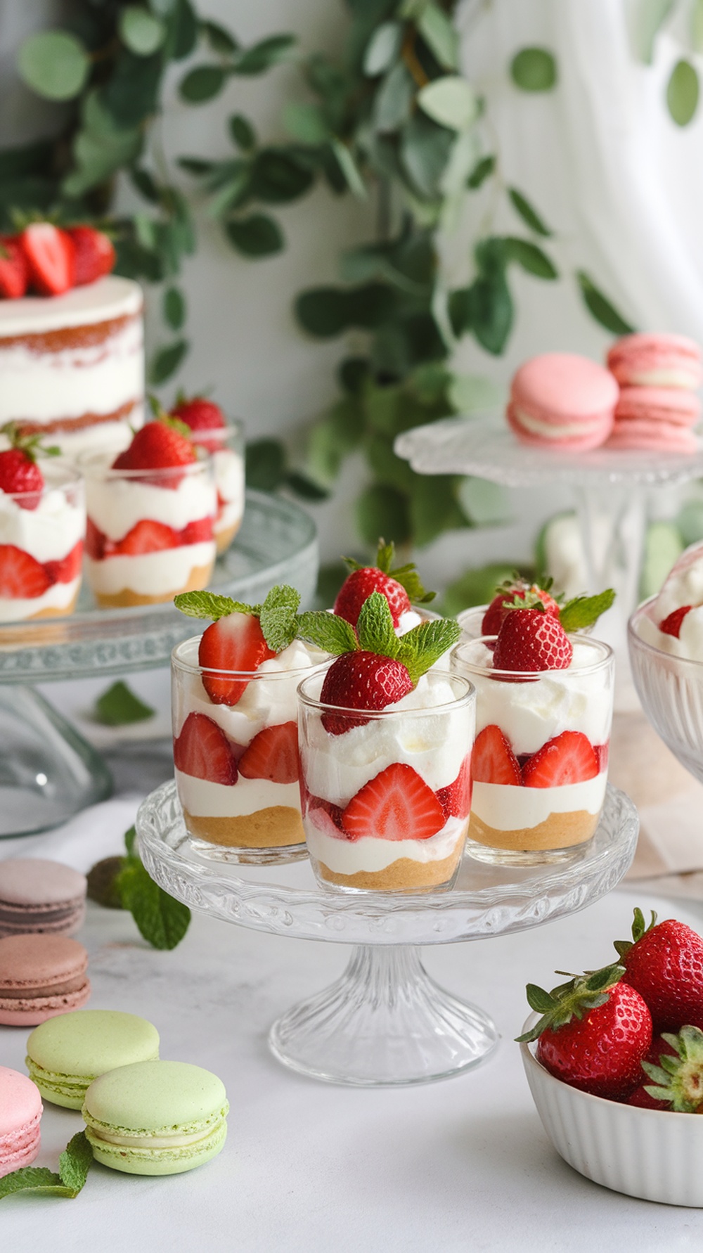 Mini strawberry trifles served in clear glasses, decorated with fresh strawberries and mint leaves.