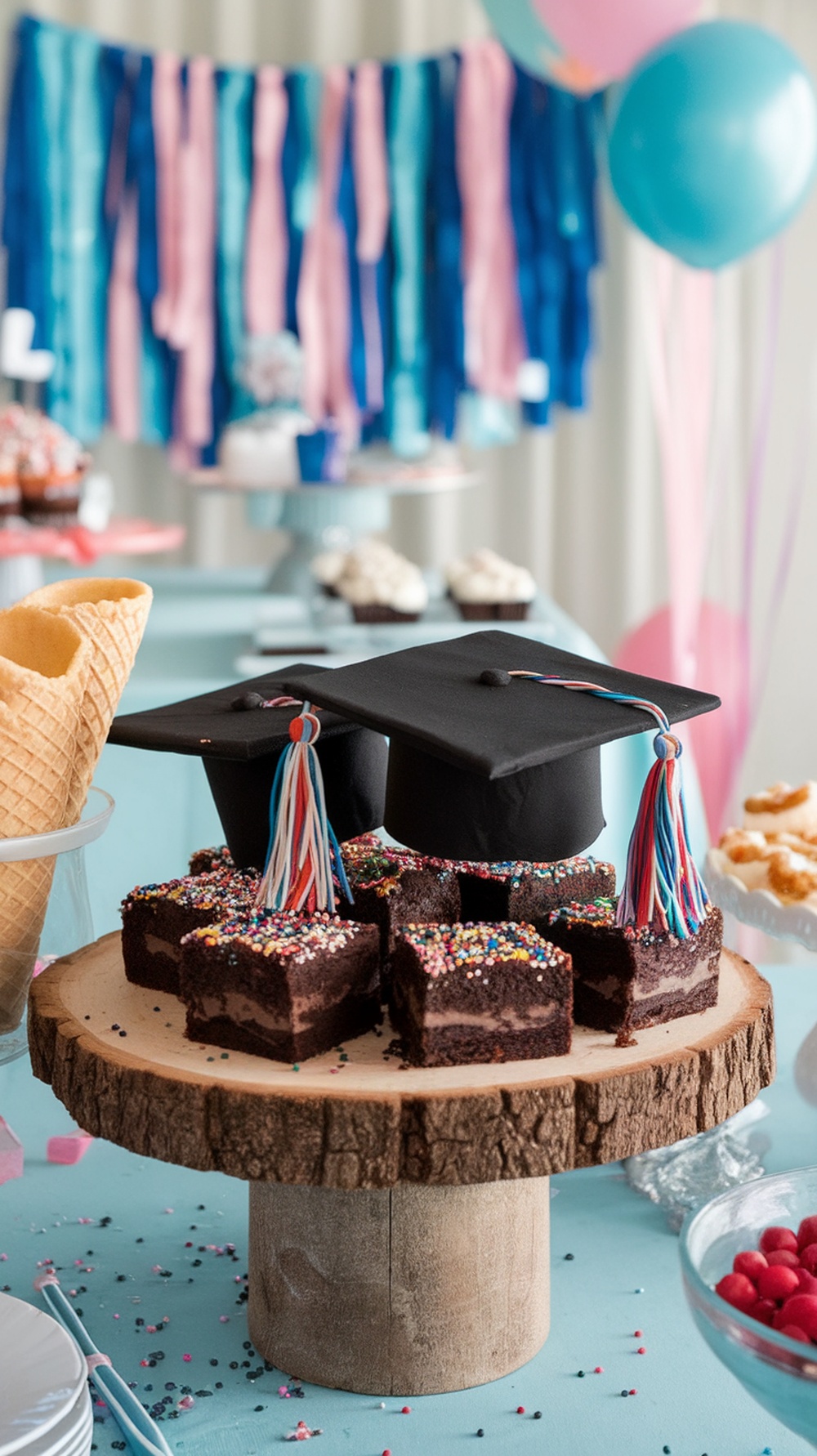 Mortarboard brownies decorated with colorful sprinkles and tassels for graduation celebration.