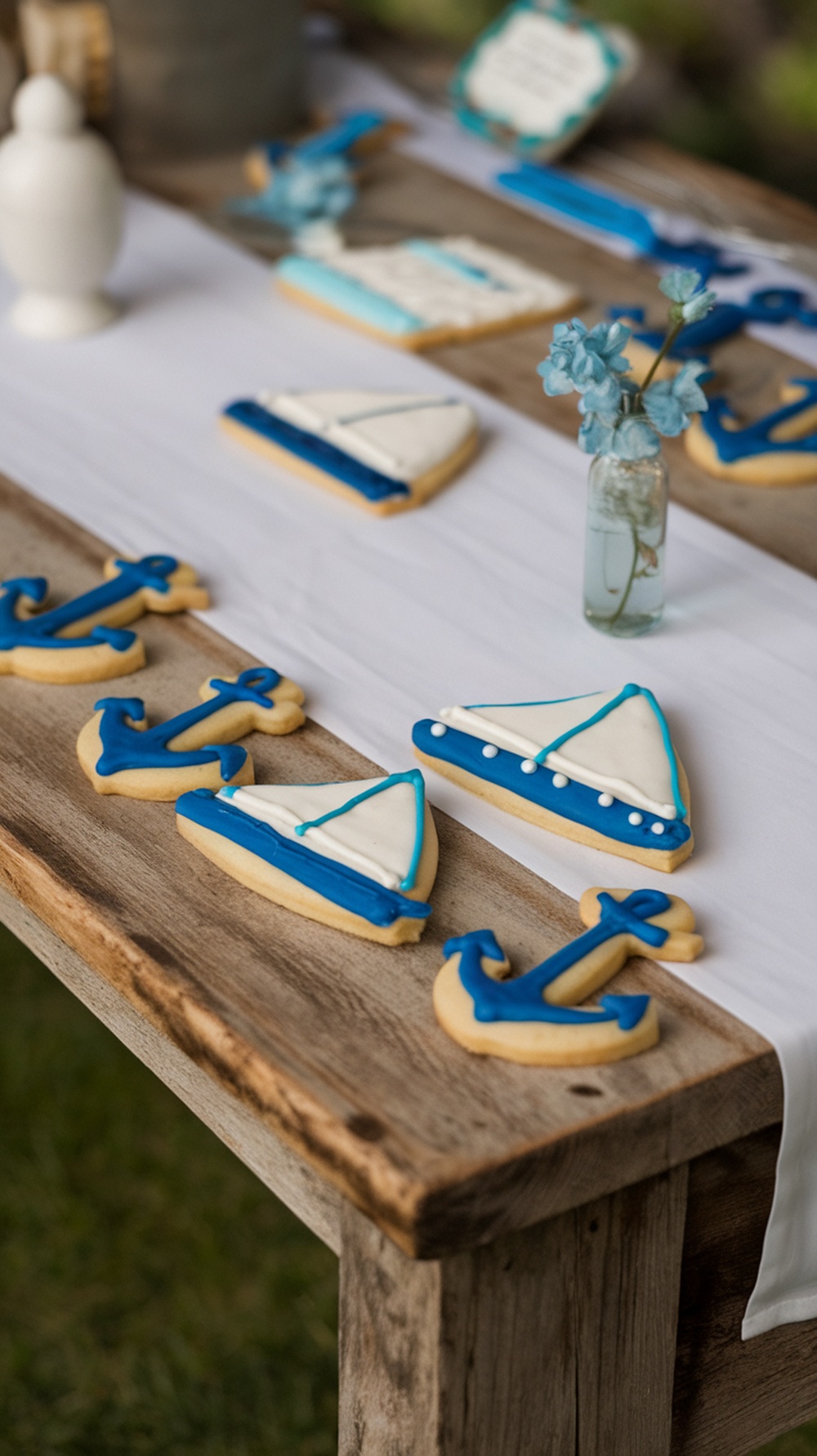 Decorative nautical-themed sugar cookies shaped like anchors and sailboats, displayed on a wooden table with a light cloth.