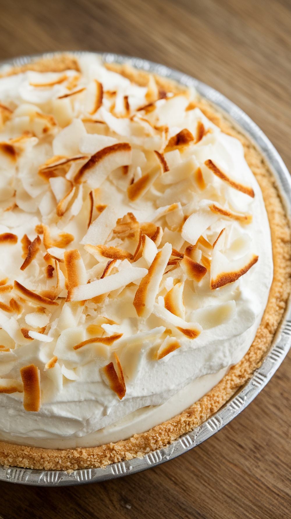 No-Bake Coconut Cream Pie topped with toasted coconut flakes
