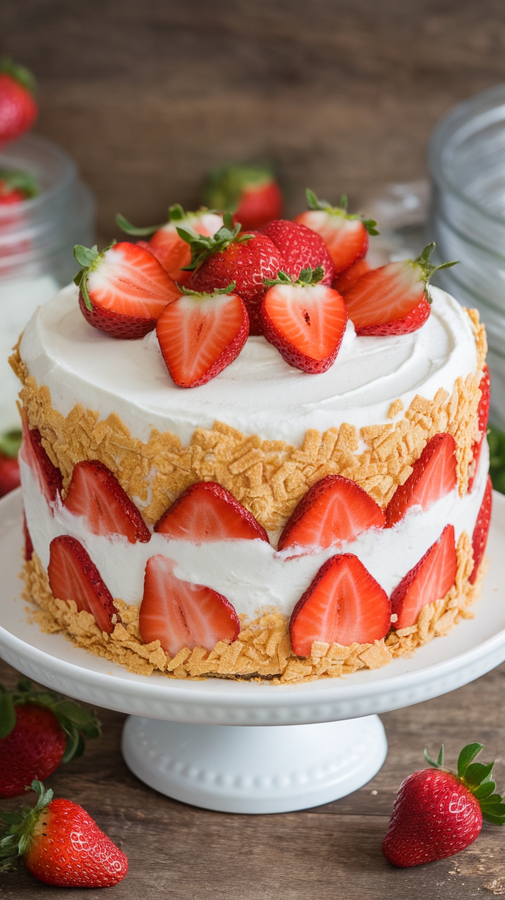 A beautifully decorated no-bake strawberry icebox cake topped with fresh strawberries.