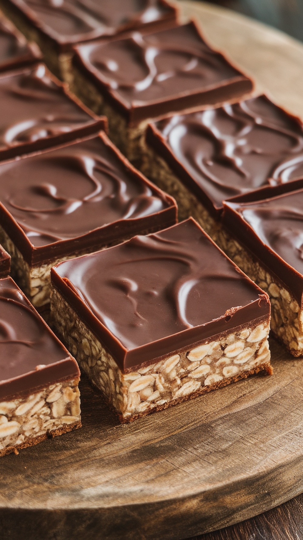 Delicious no bake chocolate oatmeal bars on a wooden surface.
