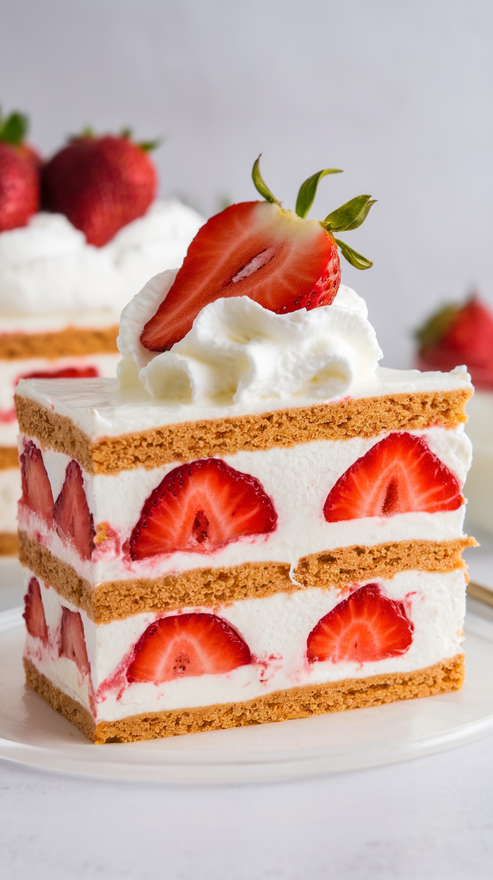 Delicious slice of No Bake Strawberry Icebox Cake with fresh strawberries on top.