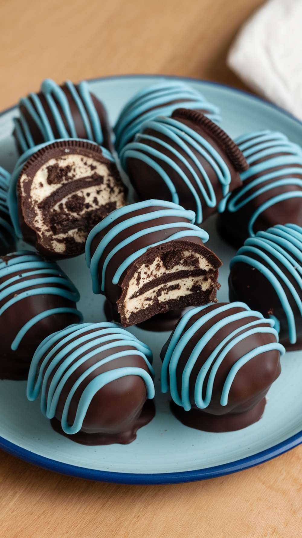 Oreo truffle balls with baby blue drizzle on a plate