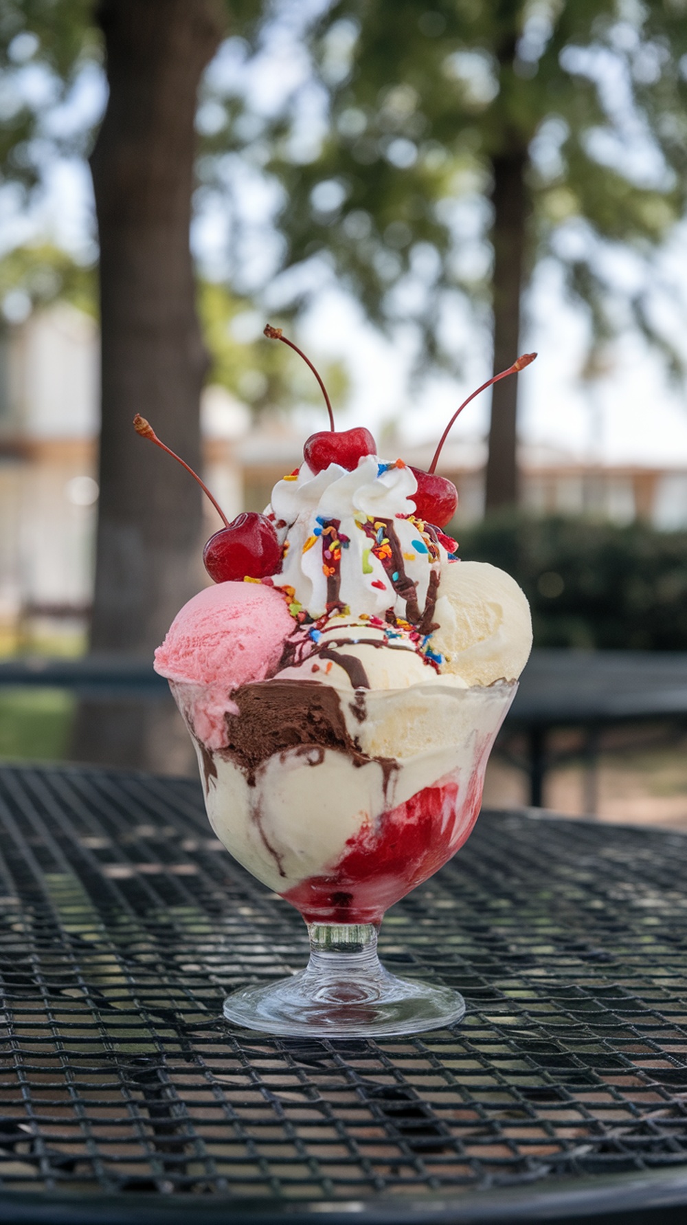 A colorful ice cream sundae with layers of chocolate, vanilla, and strawberry ice cream topped with whipped cream, cherries, and sprinkles.