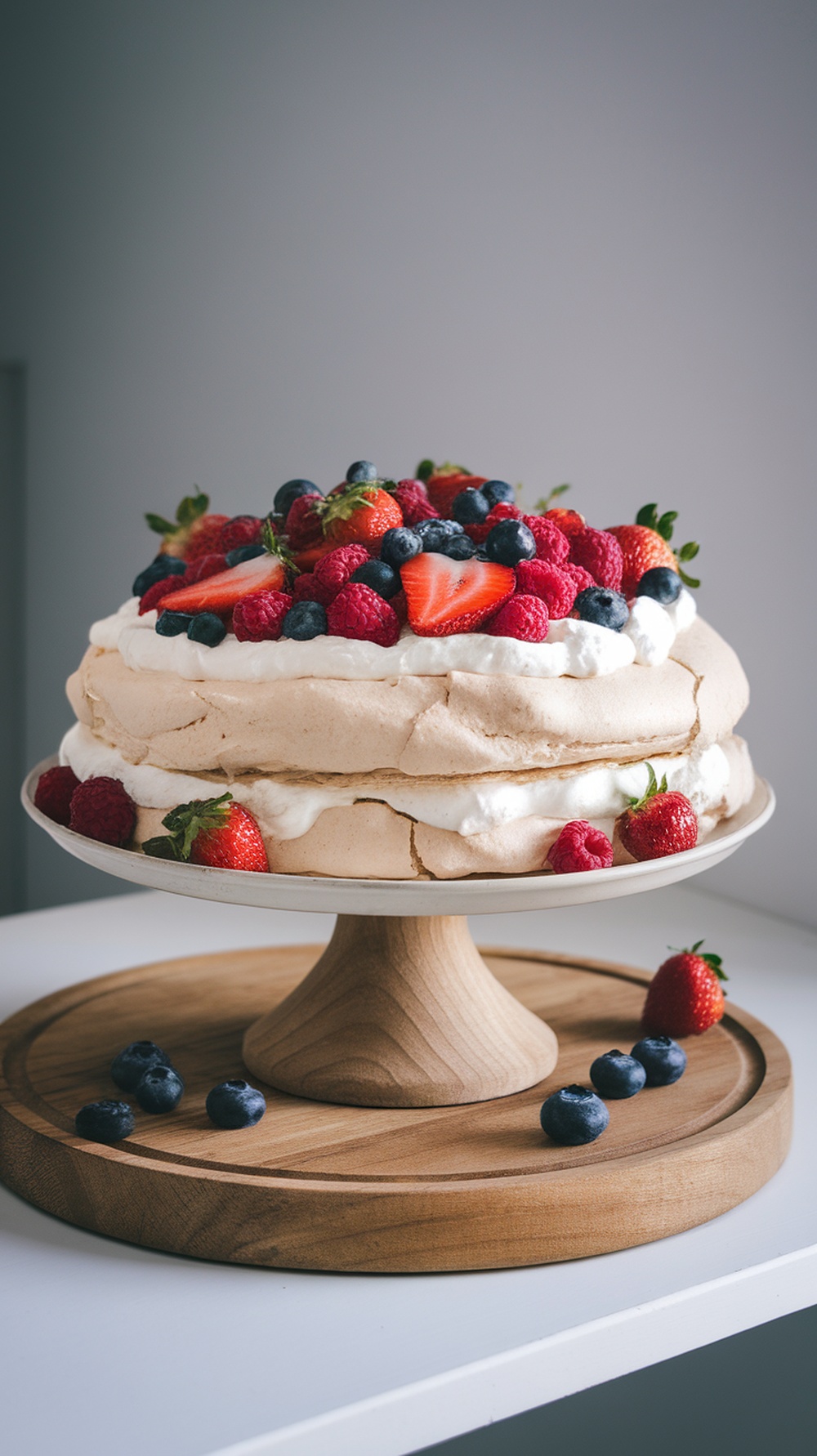 Delicious pavlova dessert topped with fresh berries and whipped cream.