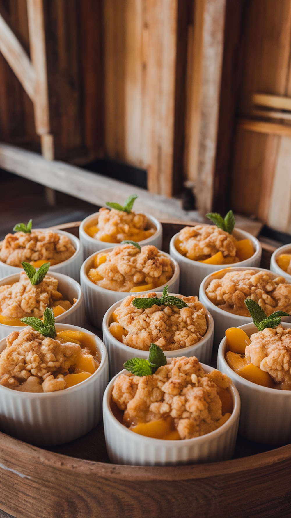 Delicious peach cobbler cups with crumble topping and mint leaves on a wooden tray.