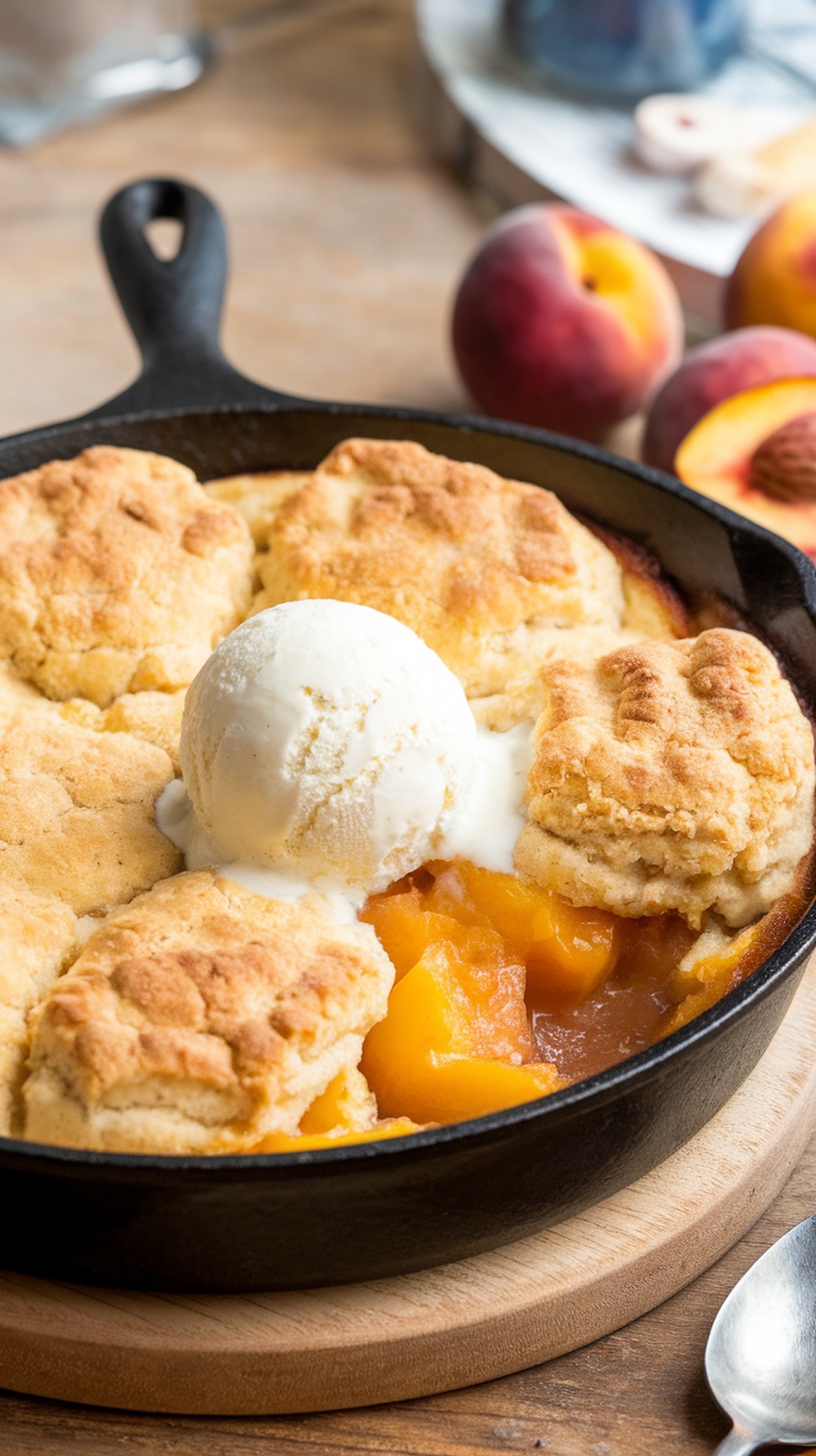 A delicious peach cobbler with biscuit topping served in a skillet