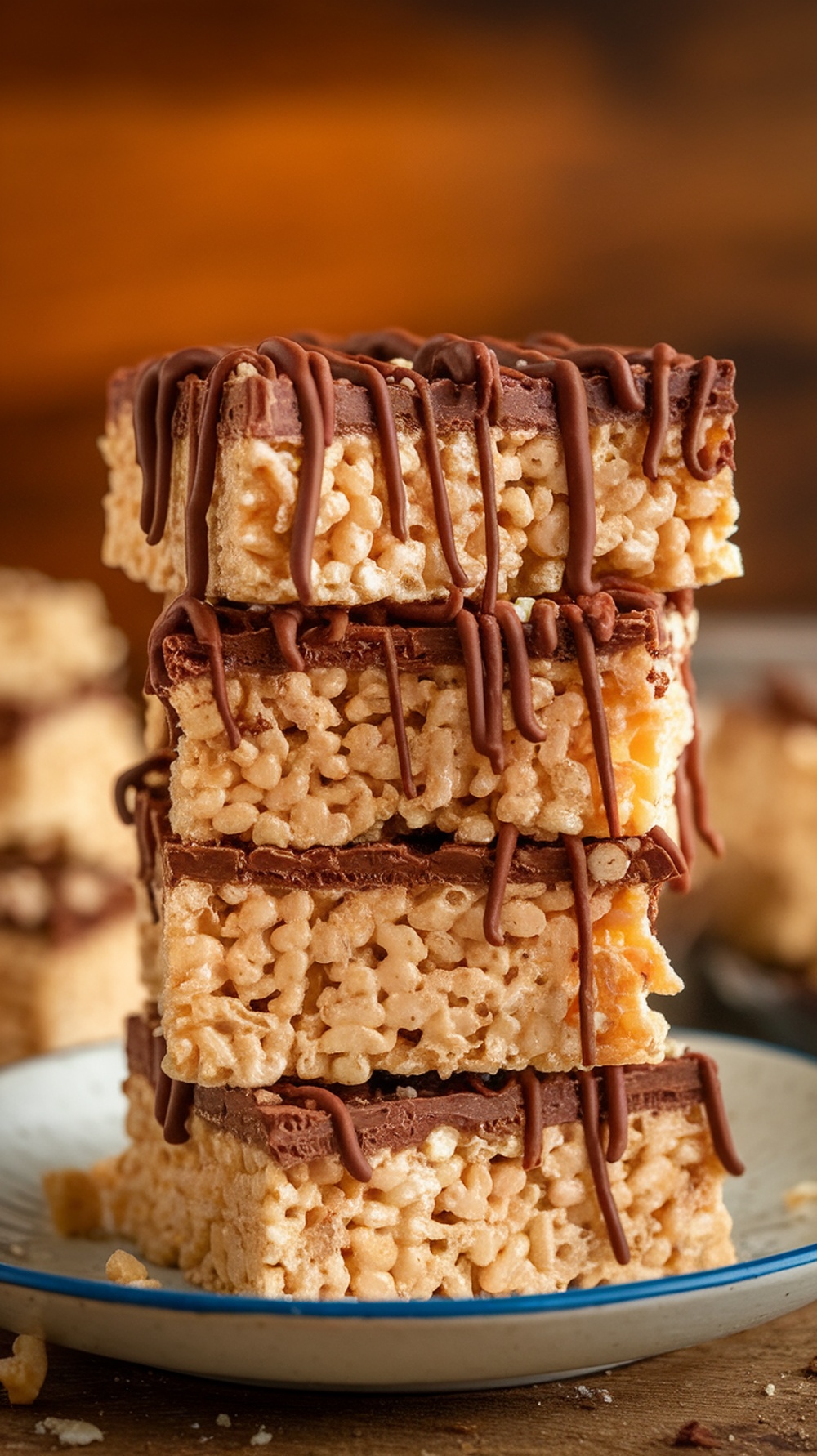 Delicious Peanut Butter Chocolate Rice Krispie Treats stacked on a plate.