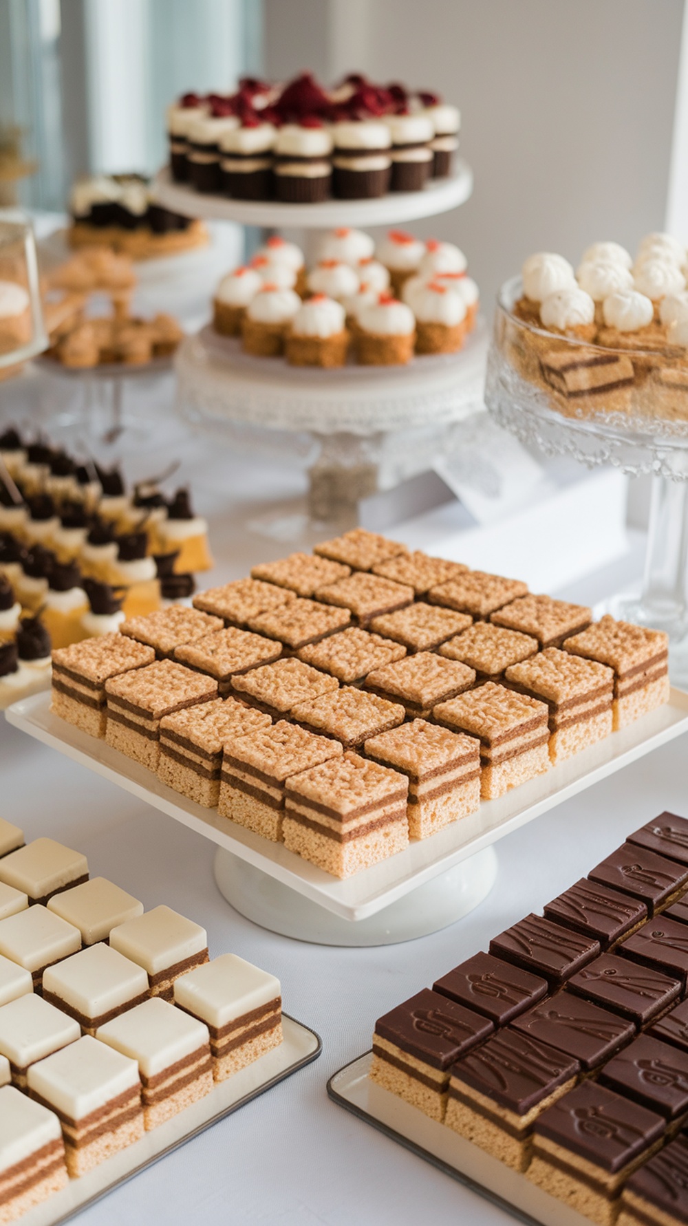 A beautifully arranged display of various desserts including rice krispie treats.