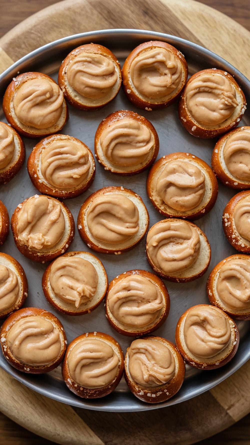 A tray of peanut butter filled pretzel bites topped with chocolate drizzle