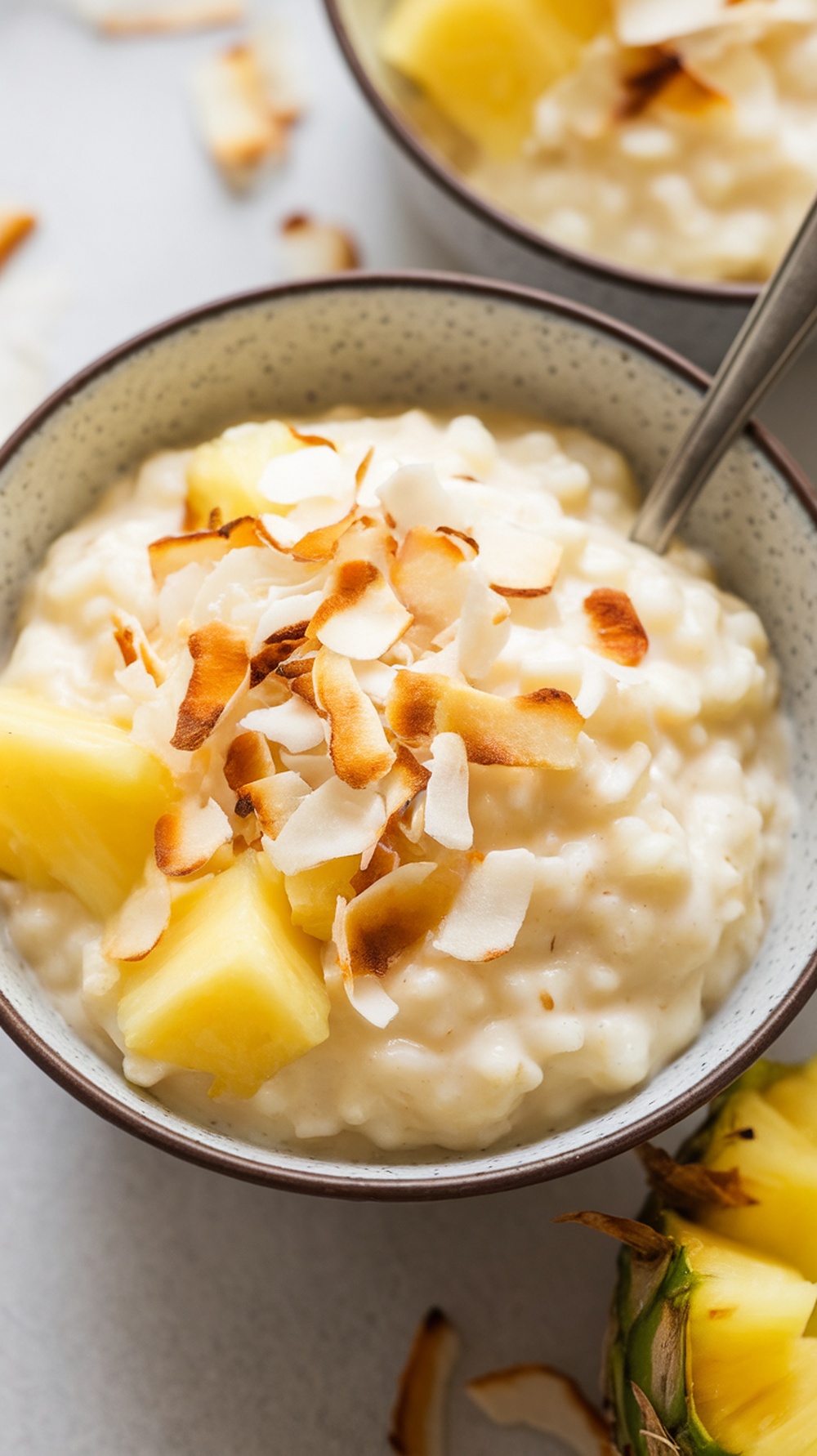 Pineapple and Coconut Rice Pudding in bowls.