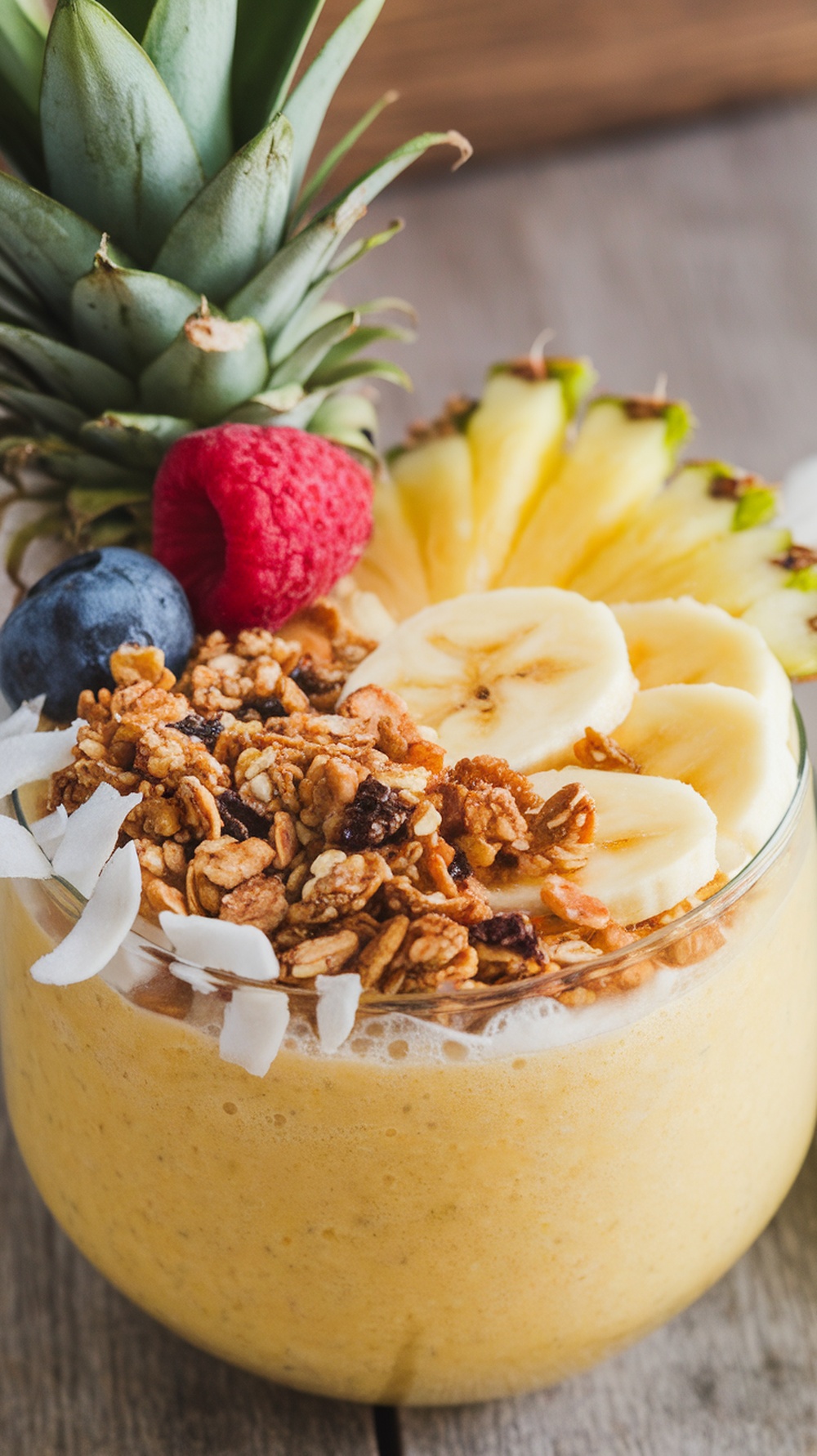 A vibrant pineapple banana smoothie bowl topped with granola, banana slices, and coconut flakes