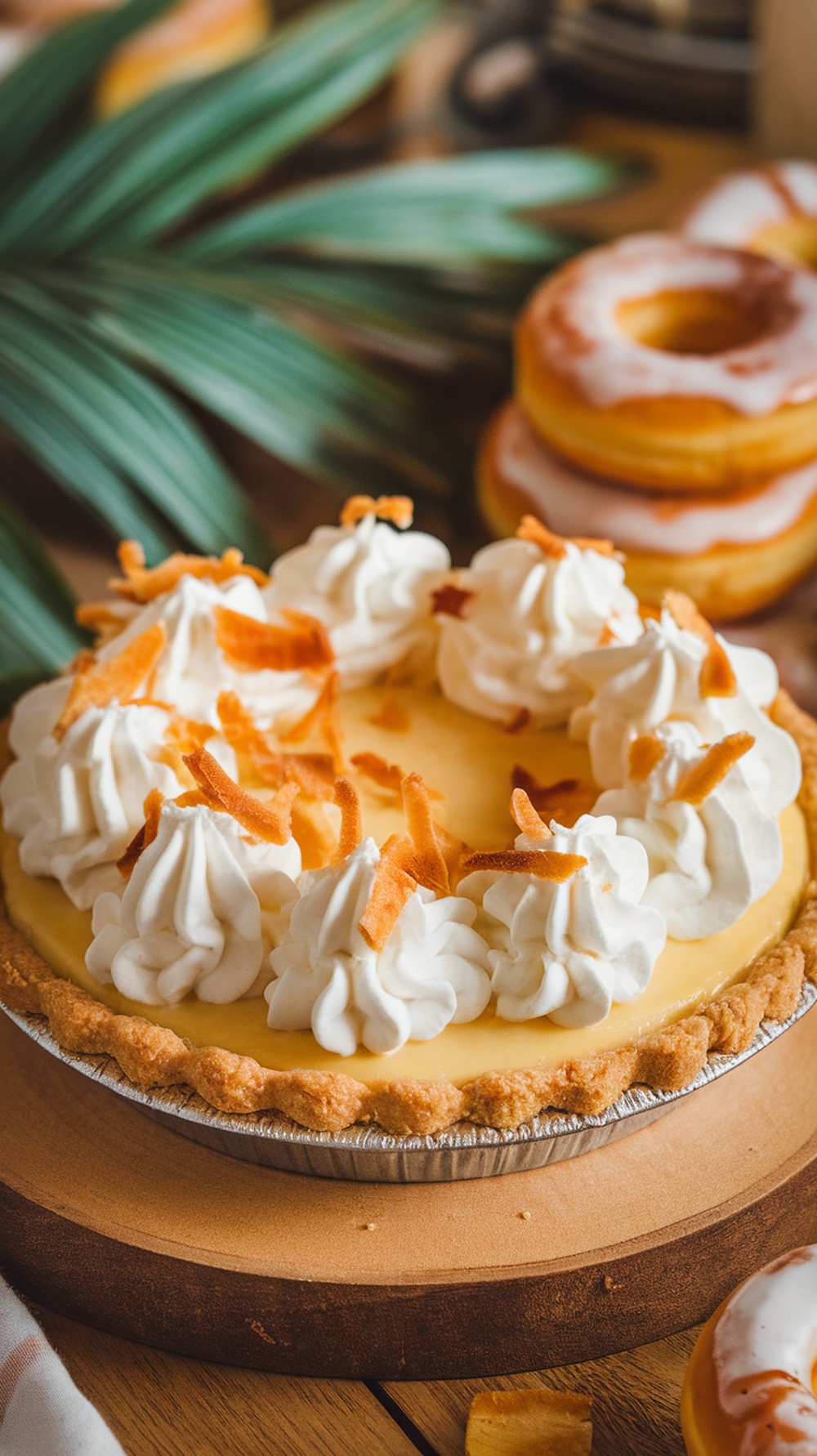 A delicious pineapple coconut cream pie topped with whipped cream and toasted coconut flakes.