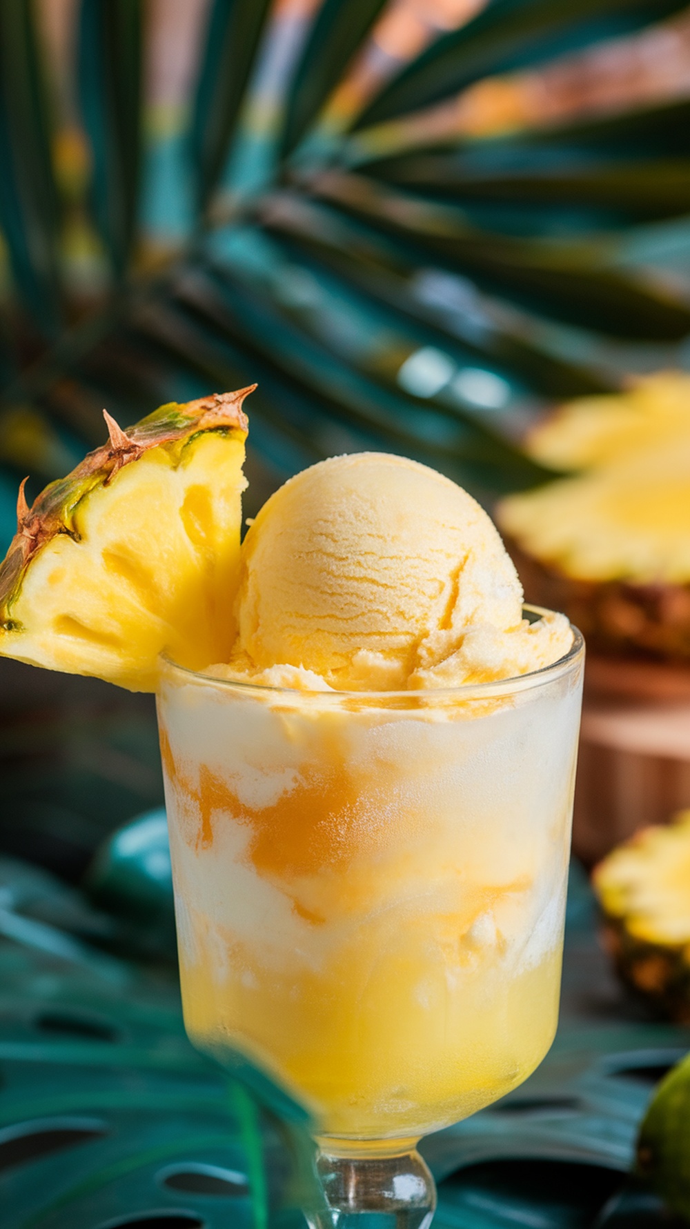 A refreshing serving of pineapple coconut sorbet topped with a pineapple slice.