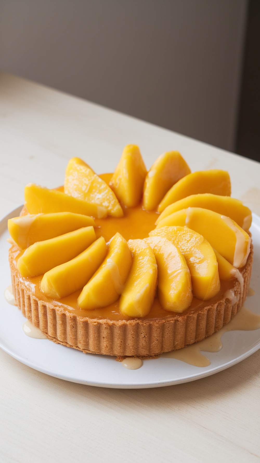 A beautifully arranged pineapple mango tart with fresh fruit slices on top.
