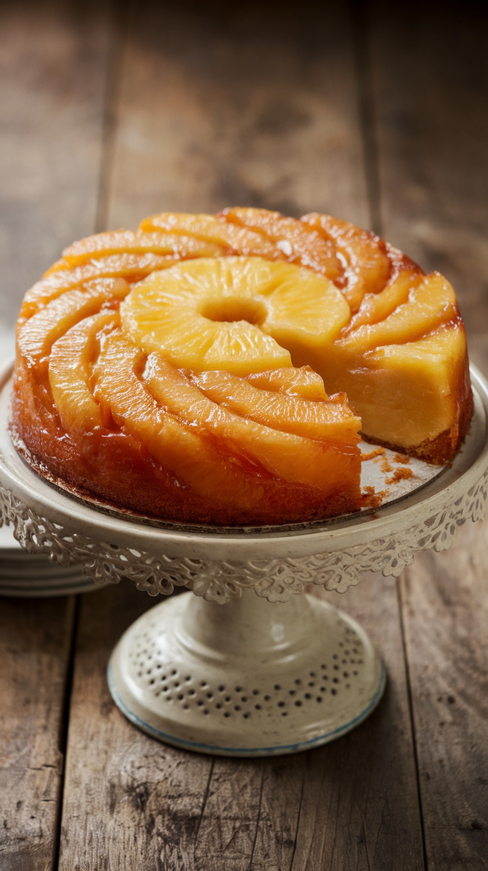 Pineapple Upside-Down Cake on a decorative cake stand.
