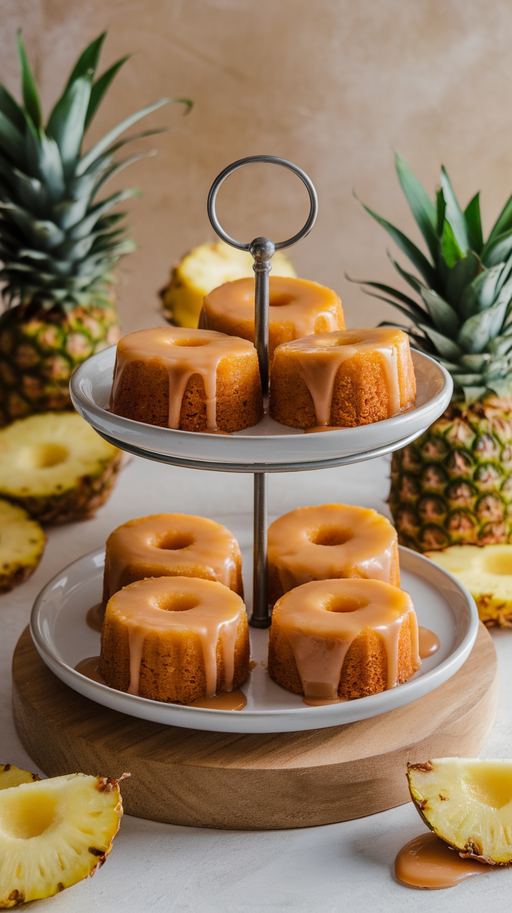 Delicious pineapple upside down mini cakes with caramel glaze on a tiered stand.