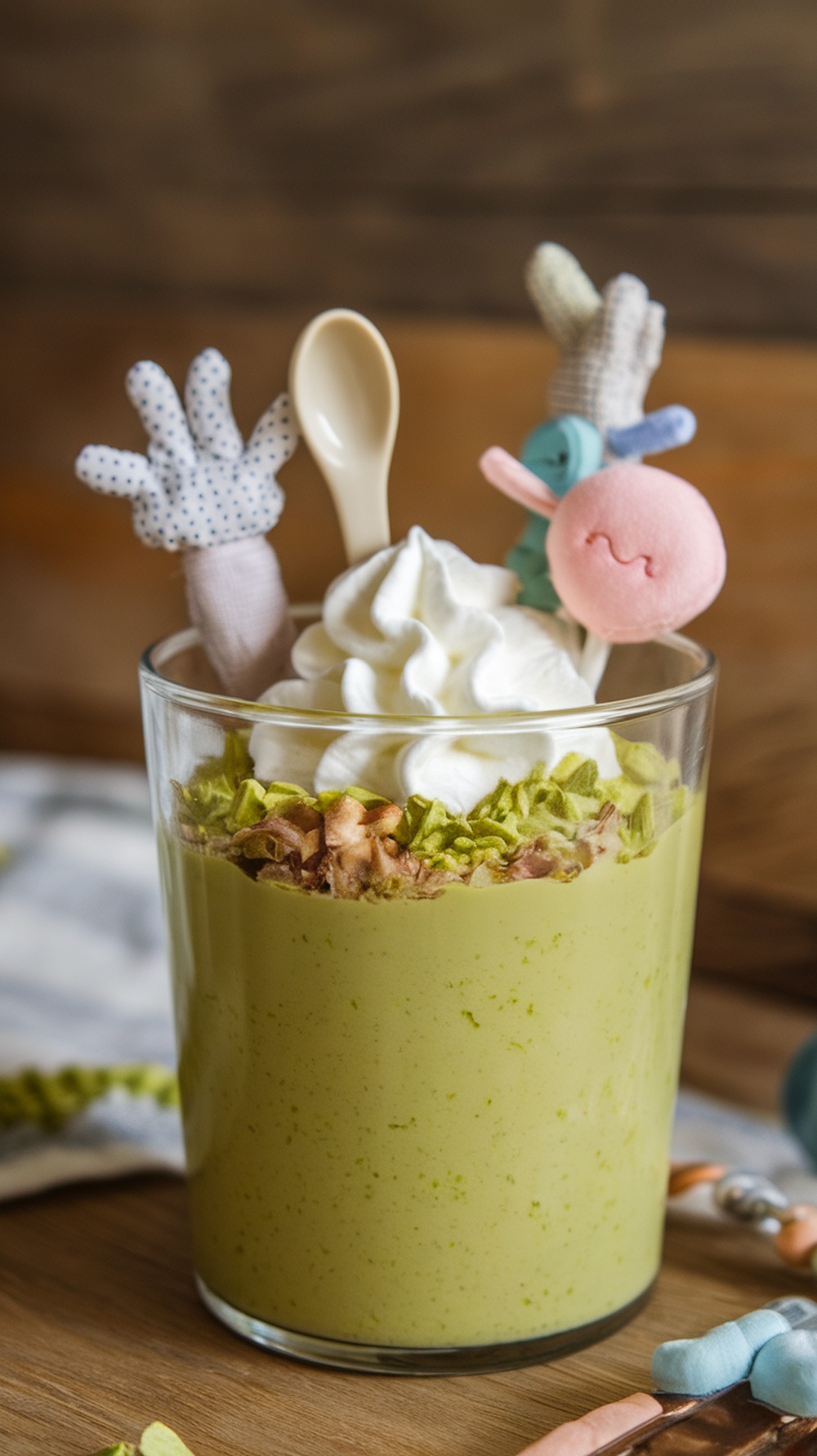 A glass cup filled with creamy pistachio pudding topped with whipped cream and crushed pistachios, featuring playful decorations.
