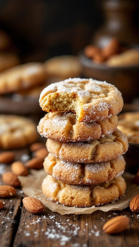 A stack of polvorones cookies with almonds in the background