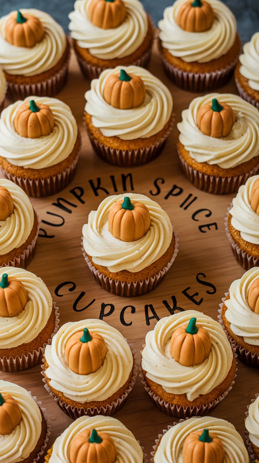 Delicious pumpkin spice cupcakes topped with cream cheese frosting and small decorative pumpkins.