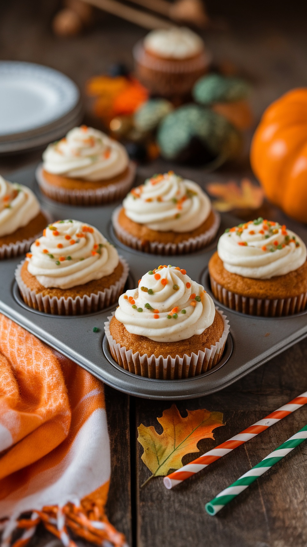 Pumpkin spice muffins topped with cream cheese frosting