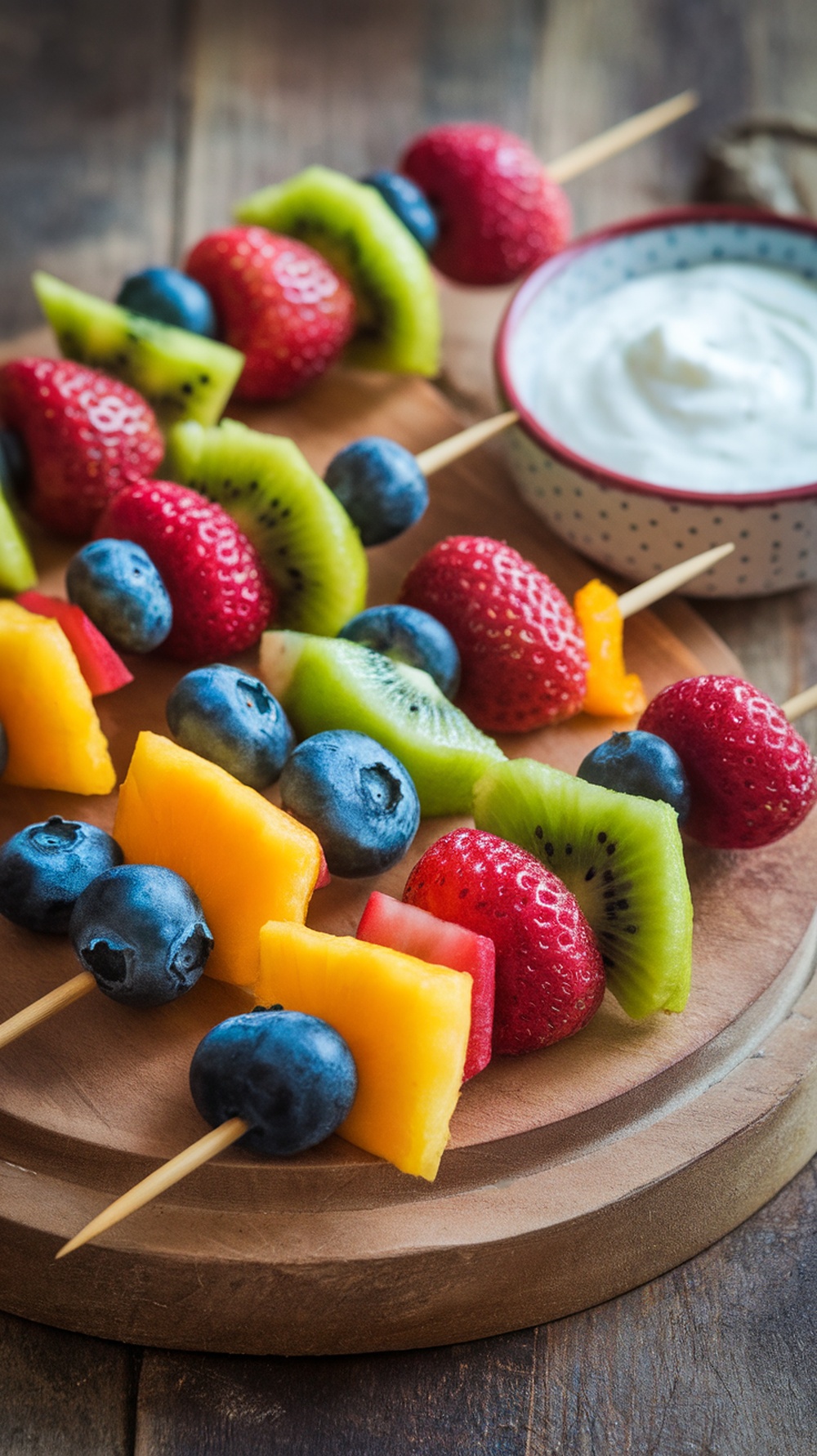 Colorful fruit skewers with a yogurt dip