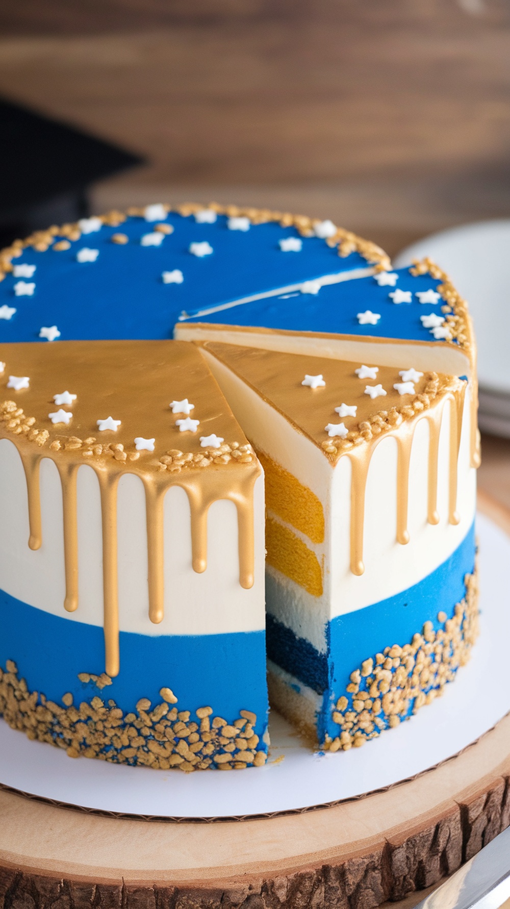 A colorful rainbow layer cake with frosting and decorations.