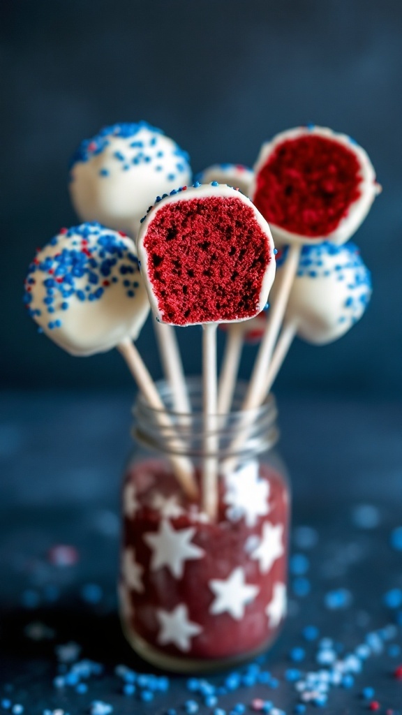 Red velvet cake pops decorated with sprinkles perfect for July 4th