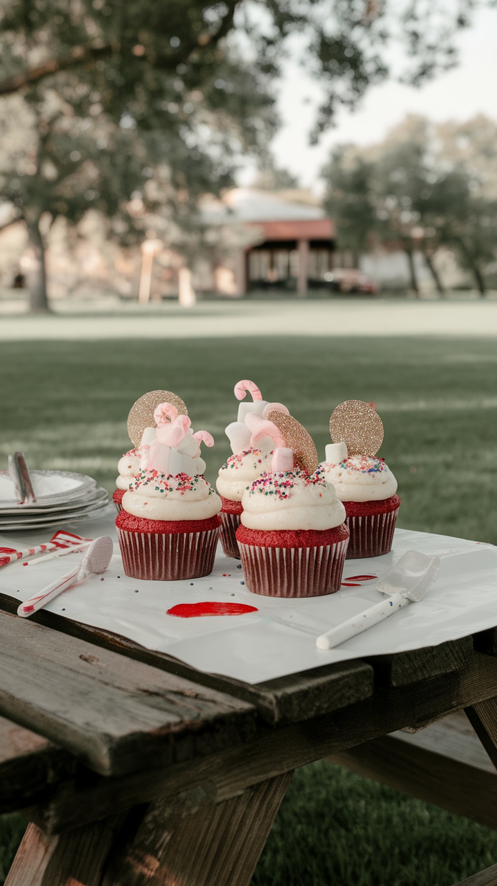 Delicious red velvet cupcakes with cream cheese frosting and festive decorations