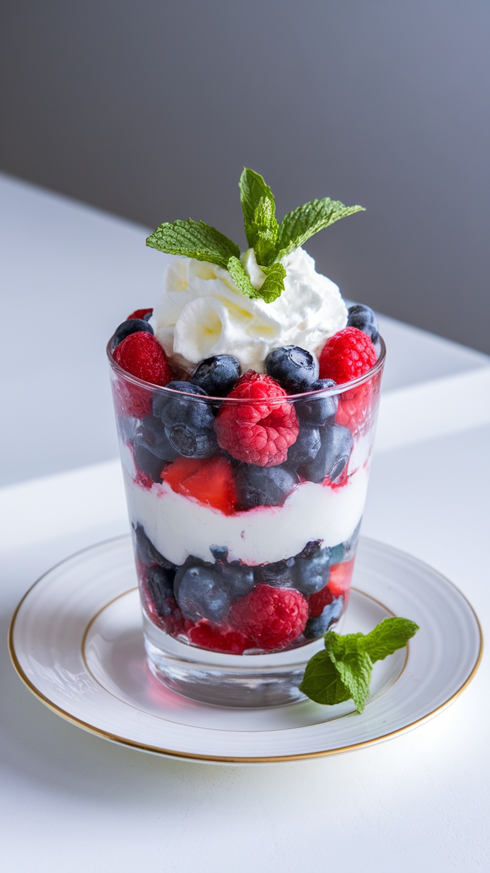 A Red, White, and Blue Berry Parfait served in a glass.
