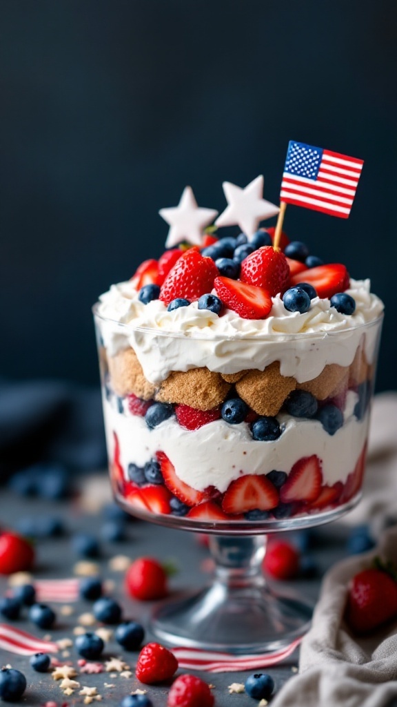 A vibrant red, white, and blue berry trifle with strawberries, blueberries, and whipped cream.