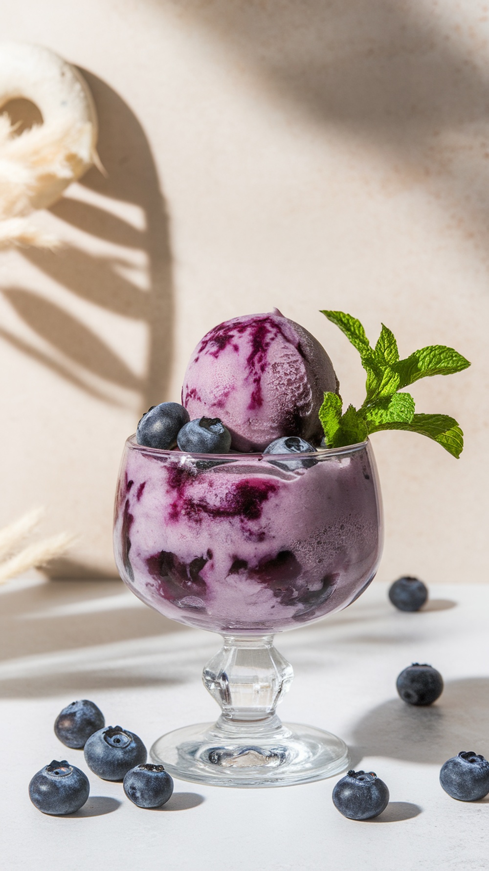 A glass of blueberry sorbet topped with fresh blueberries and a mint leaf.