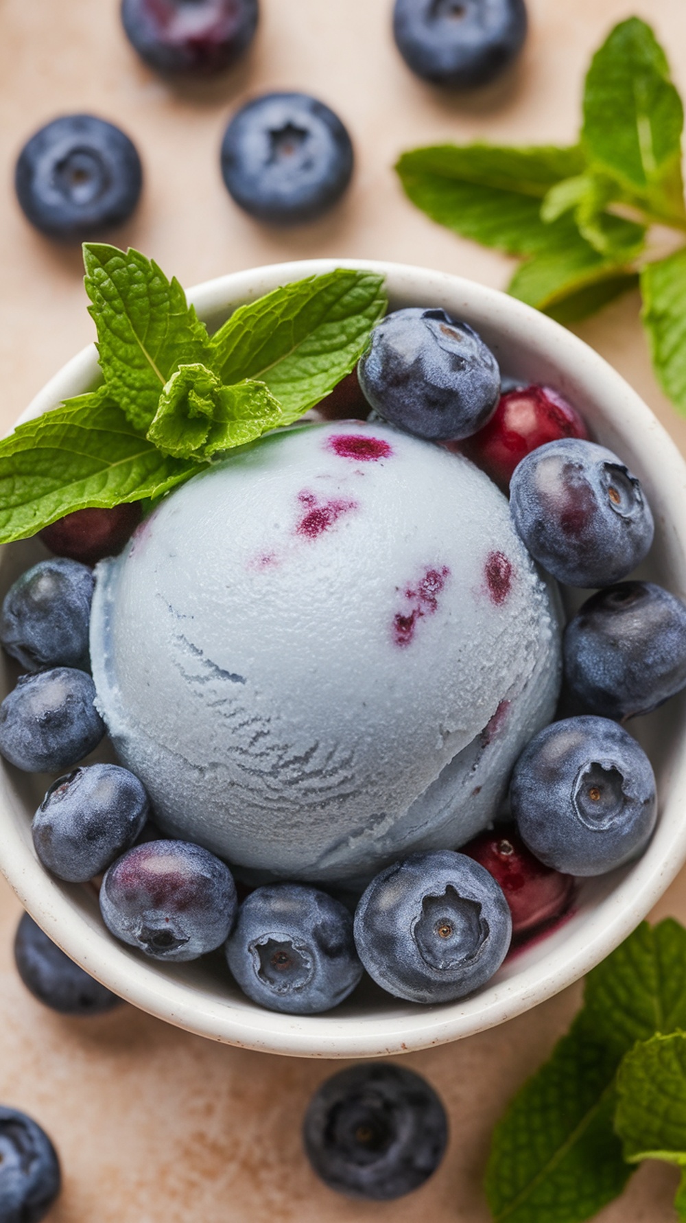 A bowl of blueberry sorbet surrounded by fresh blueberries and mint leaves.