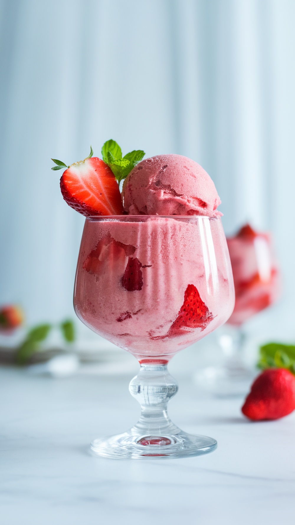 A refreshing homemade strawberry sorbet in a glass dish, topped with fresh strawberries and mint leaves.
