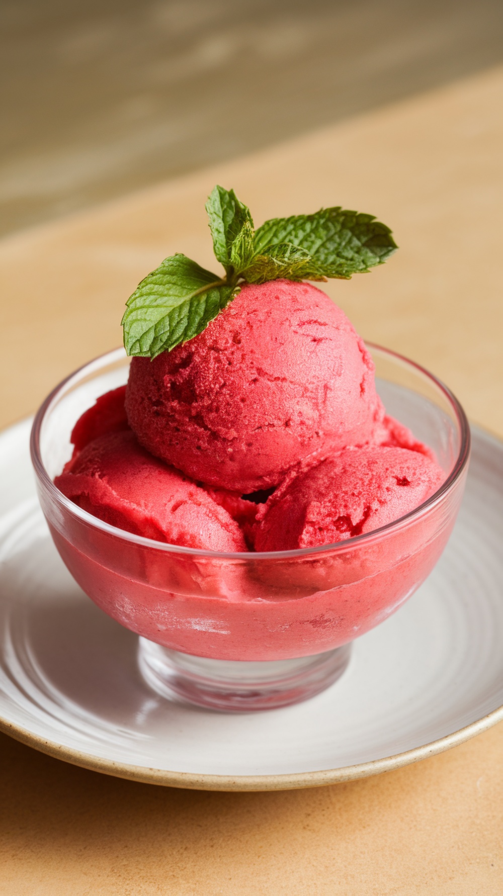 A bowl of vibrant pink strawberry sorbet garnished with a fresh mint leaf.
