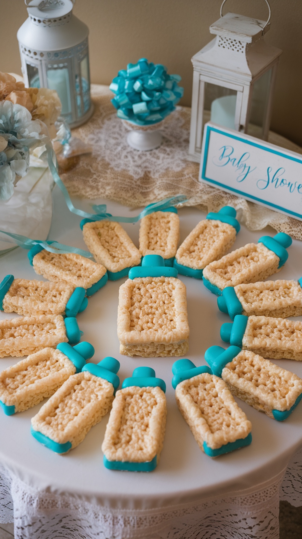 Rice Krispie treats shaped like baby bottles, decorated with blue candy melts.
