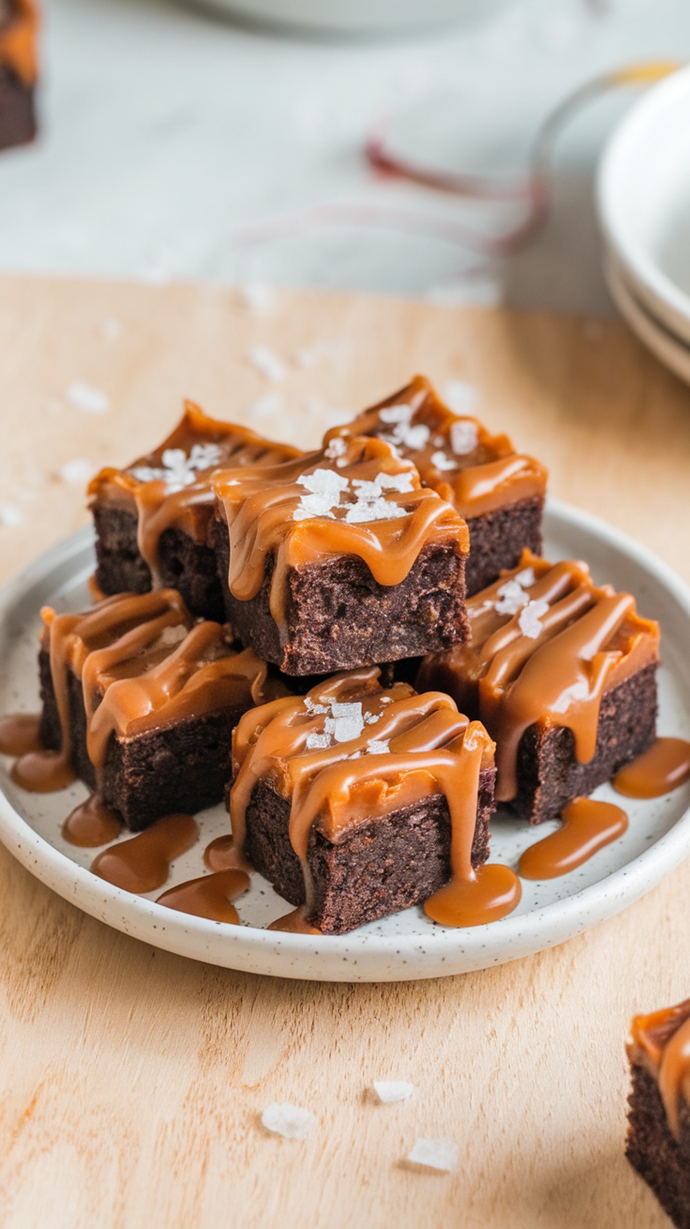 Delicious salted caramel brownie bites topped with caramel and sea salt.