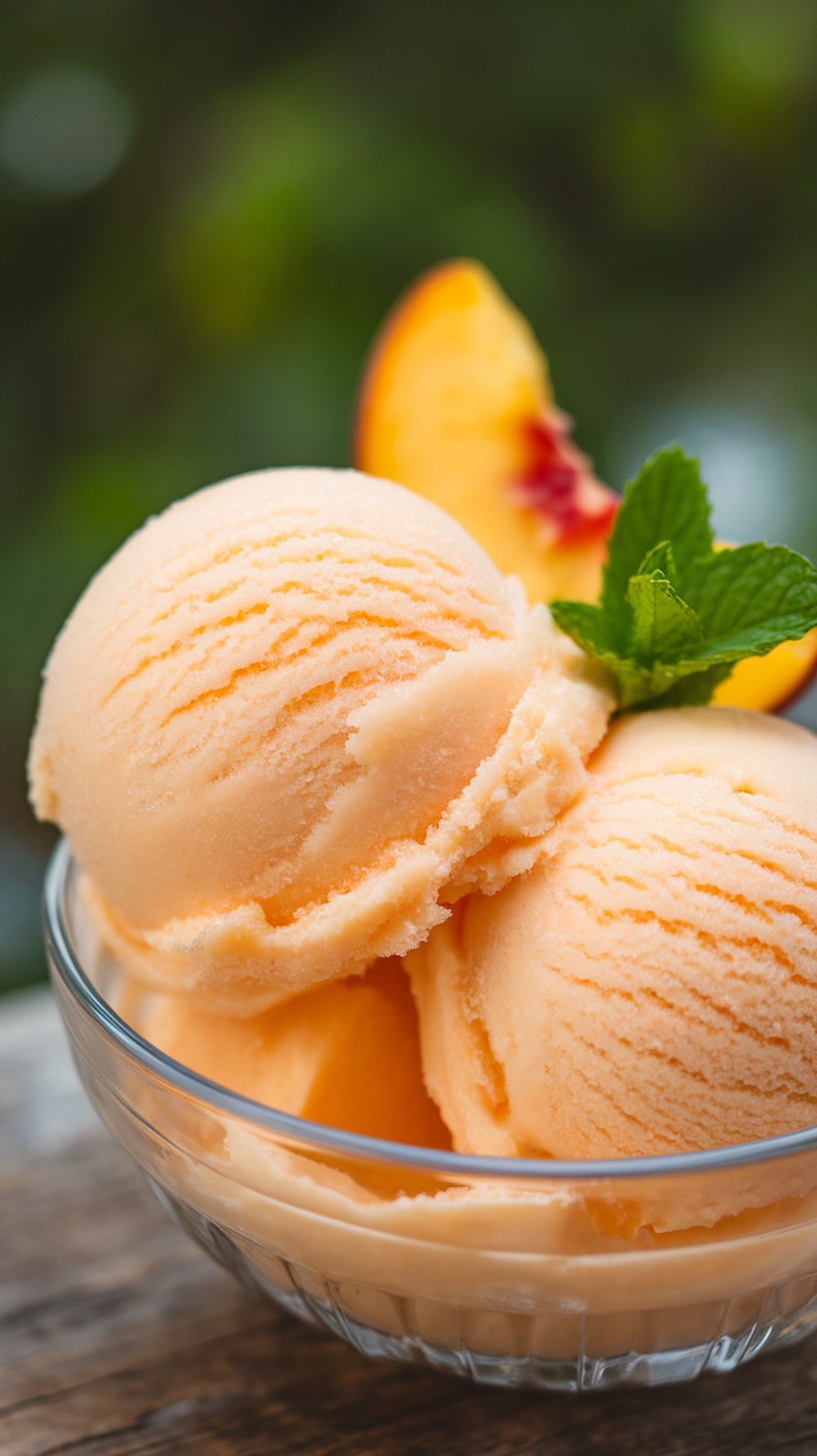 Bowls of peach sorbet with fresh peach slices and mint leaves
