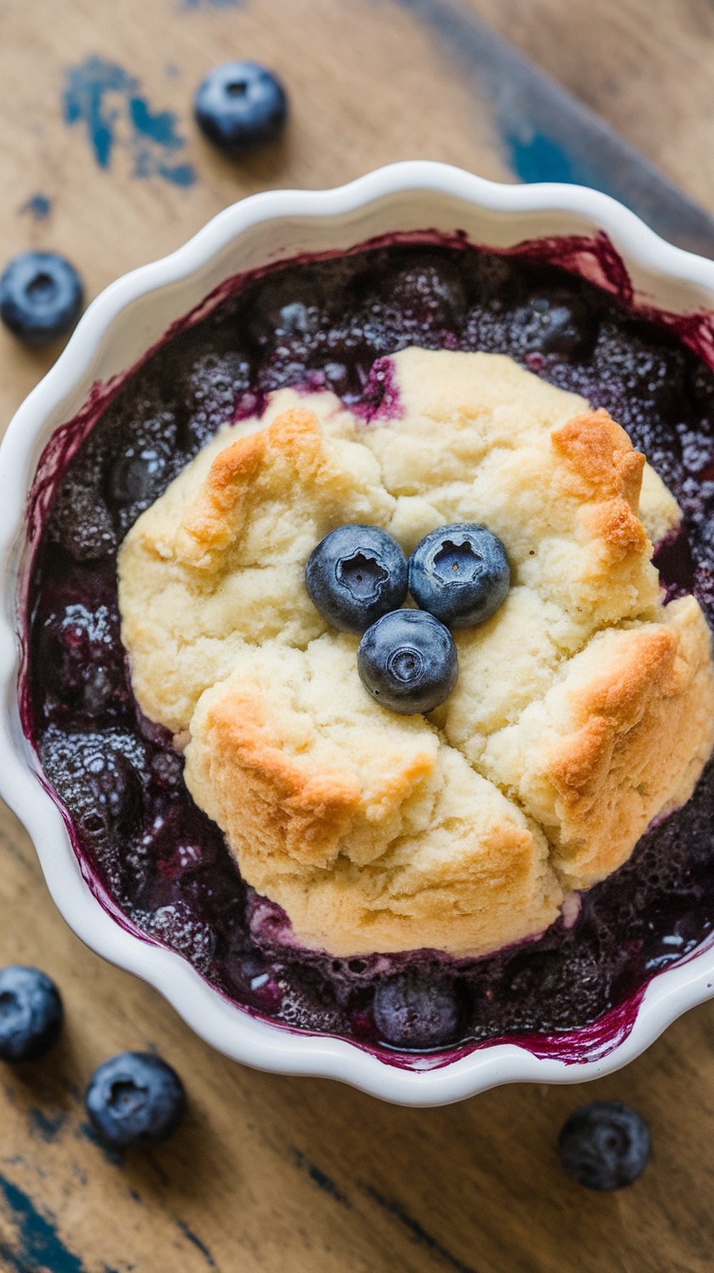 A delicious blueberry cobbler topped with blueberries in a white dish.
