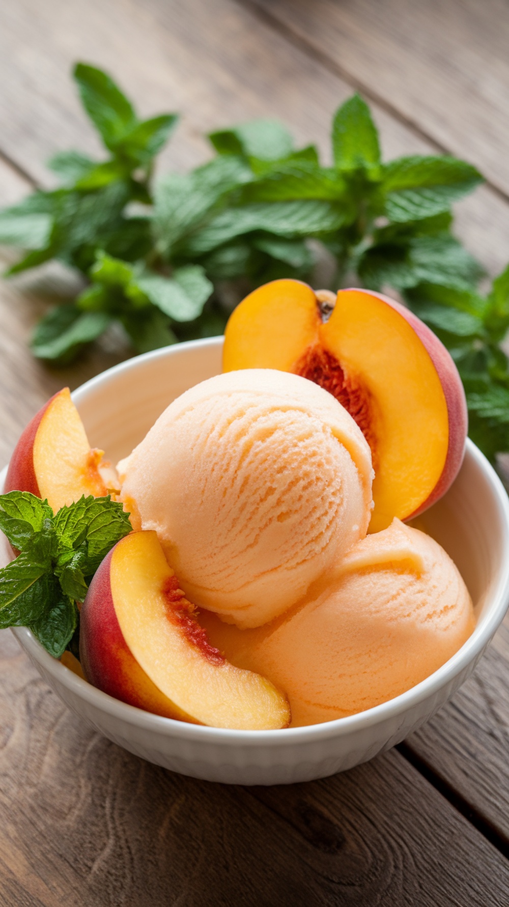 A bowl of peach sorbet with fresh peach slices and mint leaves.