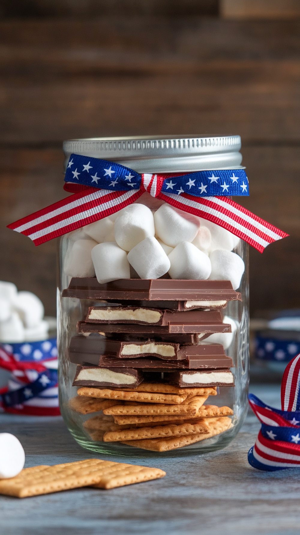 A jar filled with layers of graham crackers, chocolate, and marshmallows, tied with a festive ribbon.
