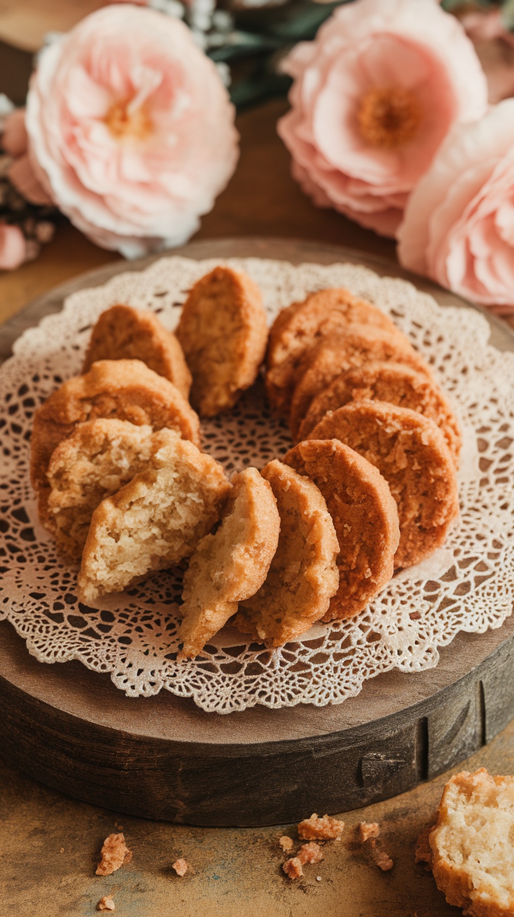Plate of coconut cookies on a lace doily with pink flowers in the background