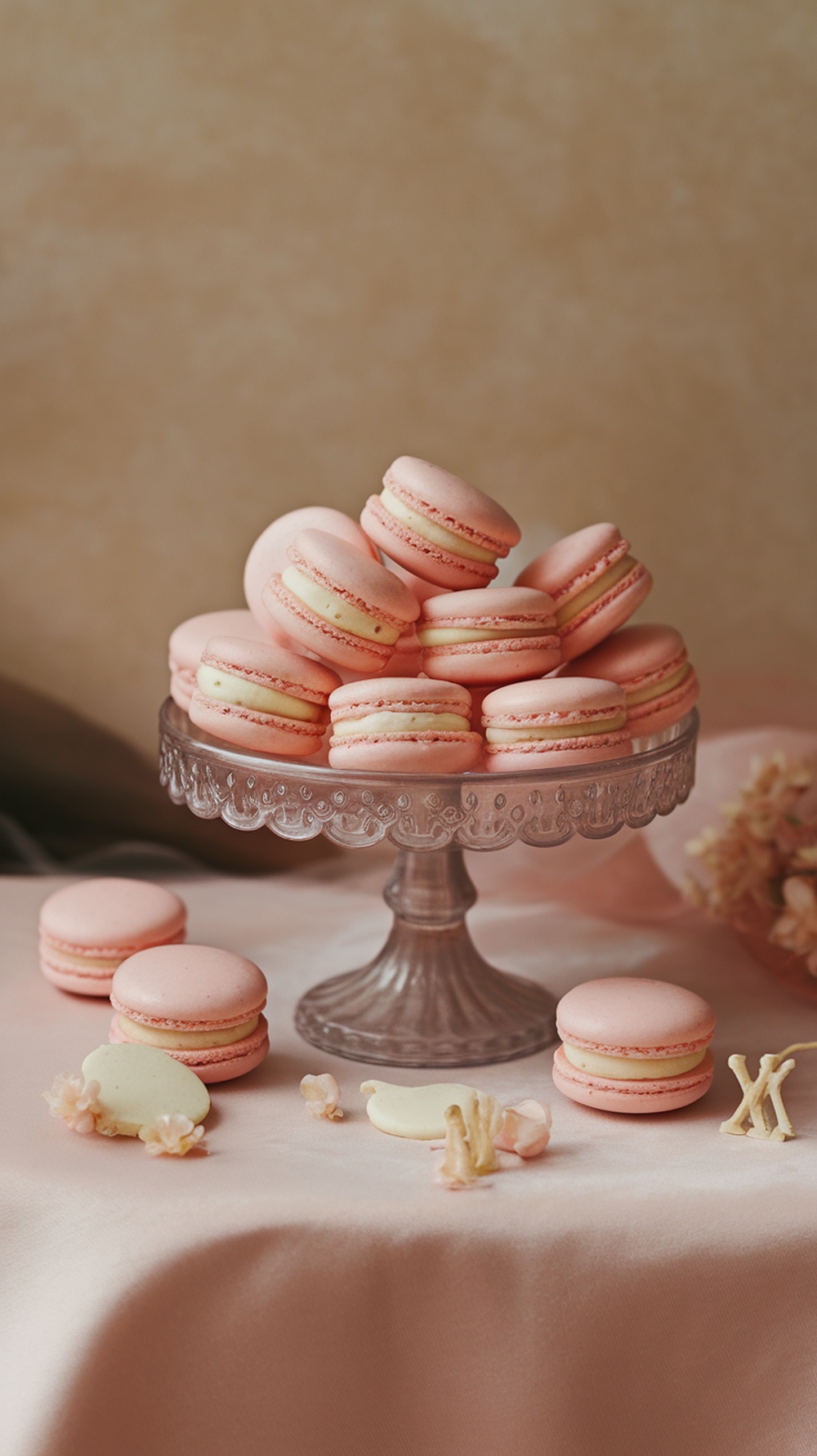 Soft pink macarons stacked on a glass cake stand