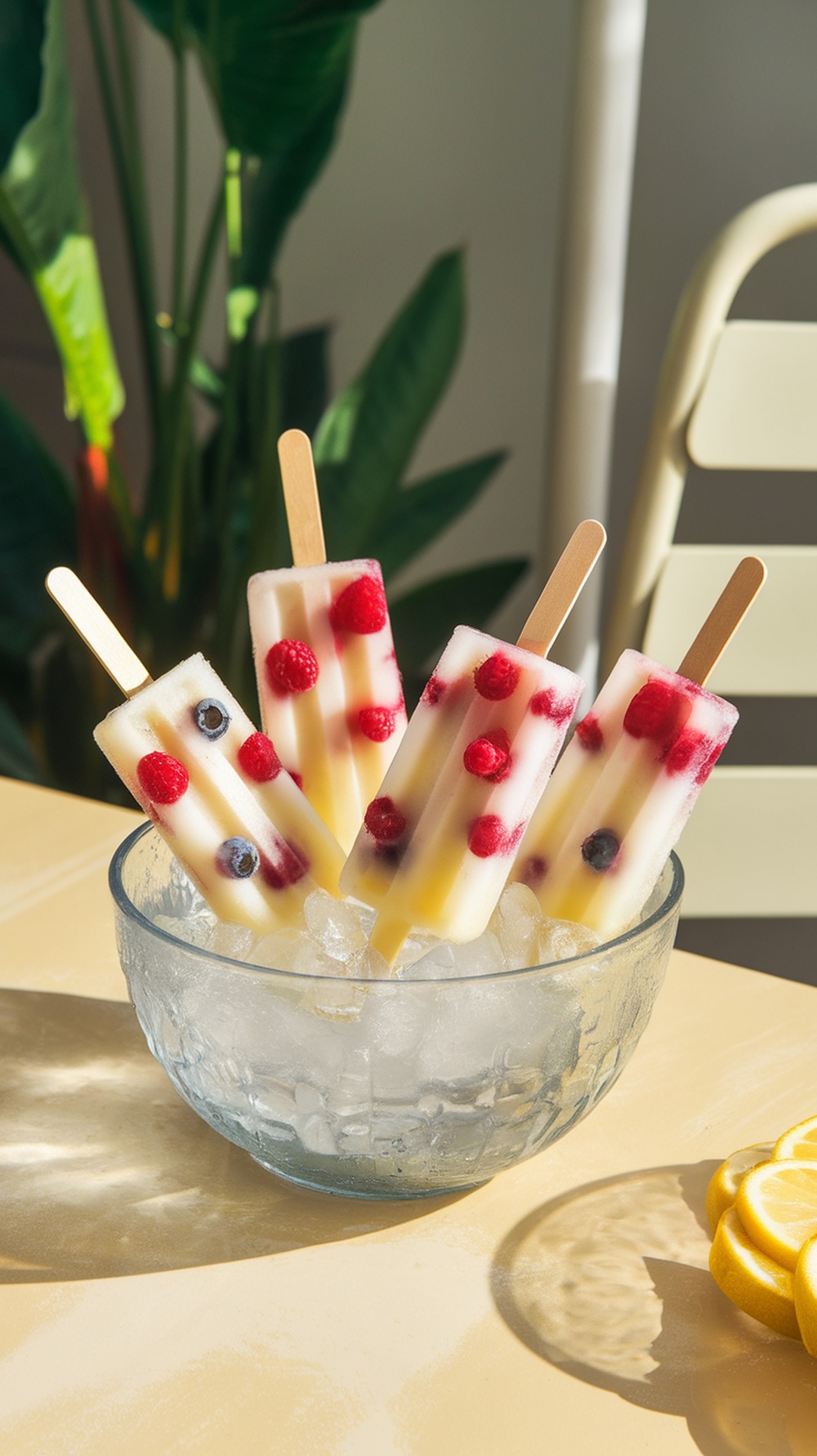 Bright and refreshing popsicles with mixed berries and lemonade served in a bowl of ice.