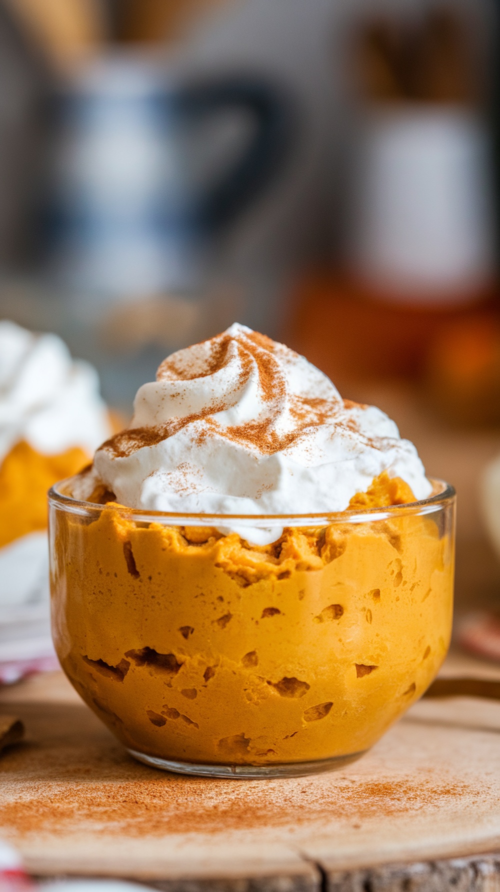 A creamy dessert made with pumpkin and cottage cheese, topped with whipped cream and a sprinkle of cinnamon.